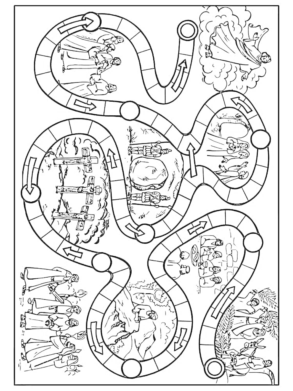 Раскраска настольная игра-ходилка с изображением людей в исторических и религиозных сценах