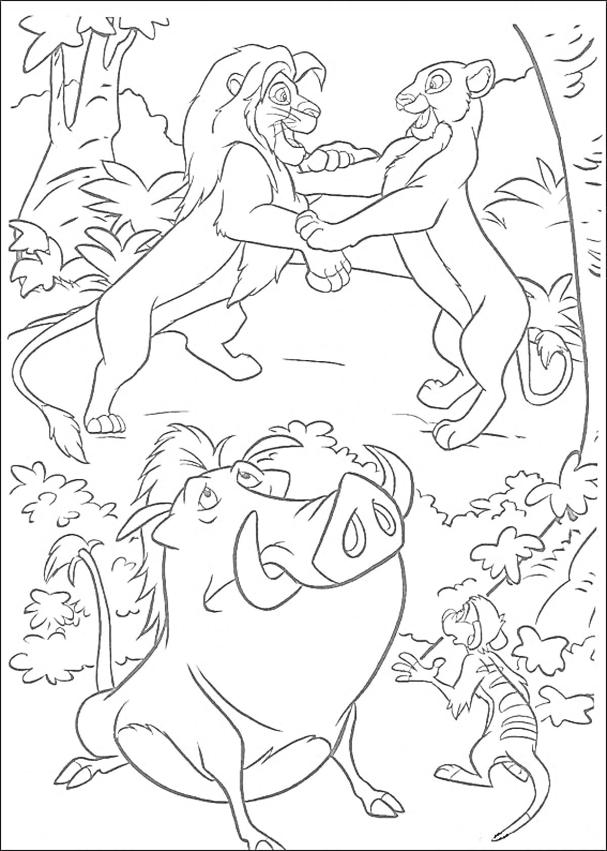 Раскраска Львы, обнимающиеся и стоящие на задних лапах, в лесу с бородавочником и сурикатом
