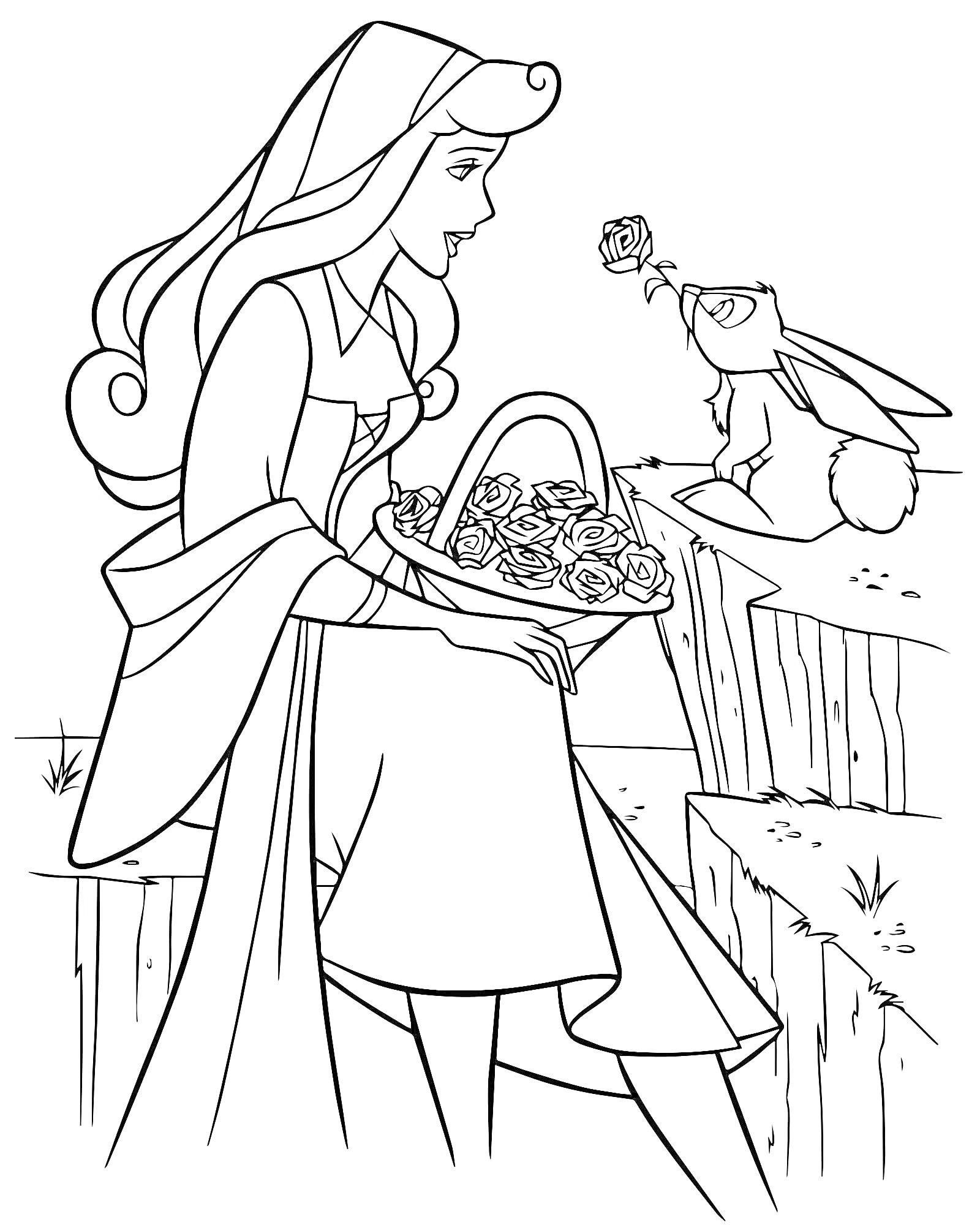 Раскраска Аврора с корзиной цветов и кроликом, держащим цветок
