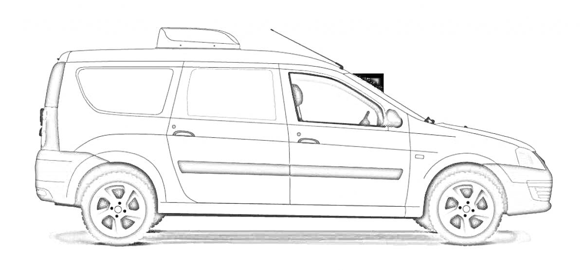 Раскраска Ларгус, боковая проекция, контур автомобиля с дверями, колесами и боковыми зеркалами