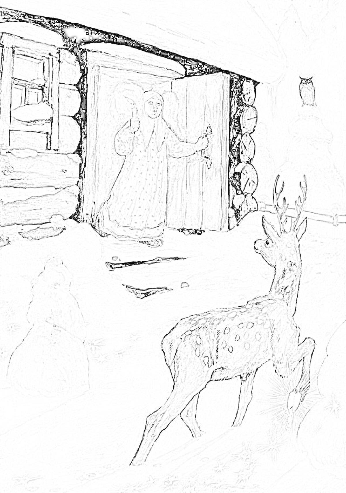 Раскраска Мужчина с фонарём и серебряное копытце у деревянного дома зимой