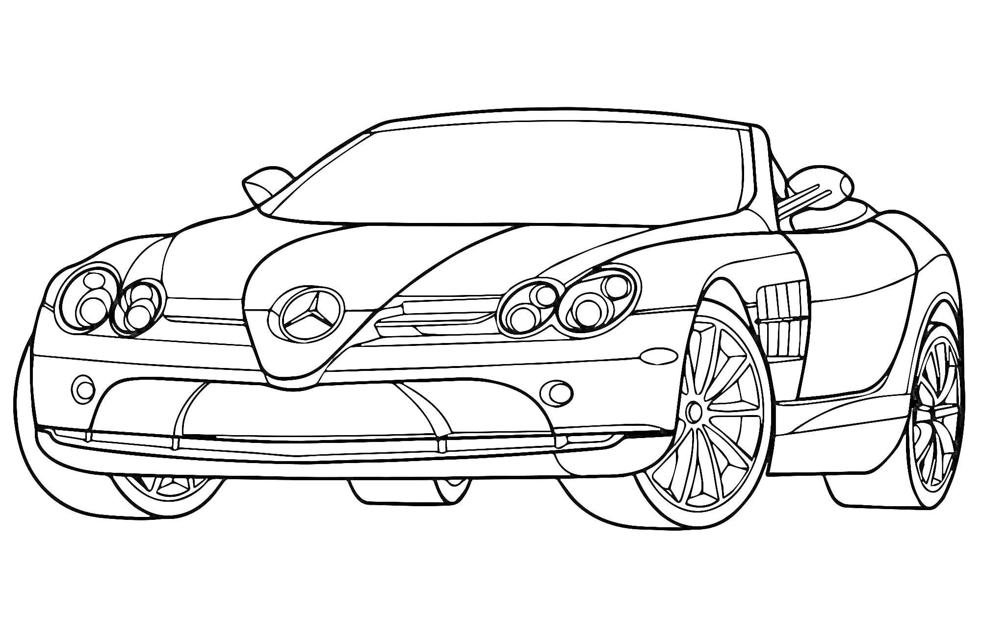 Раскраска Спортивный автомобиль Мерседес с передними фарами, решеткой радиатора, колесами и логотипом