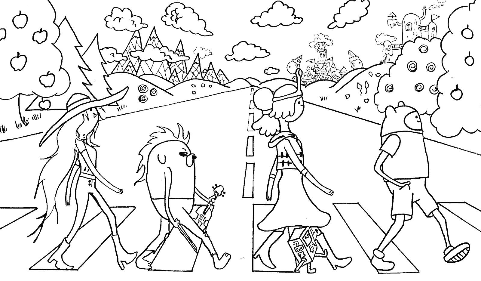 Раскраска Поход персонажей Время приключений по пешеходному переходу на фоне природы с деревьями, горами и облаками, на дальнем плане ледяной замок.
