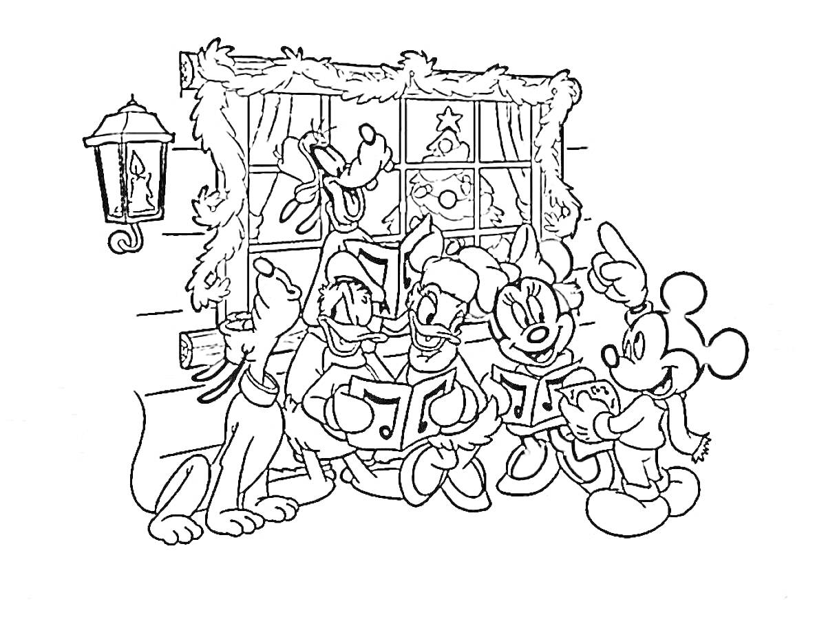 Раскраска Дисней на Новый год: Микки Маус, Дональд Дак, Минни Маус, Плуто и Гуфи поют рождественские песни у окна с украшенной елкой