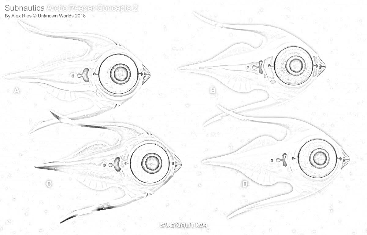 Раскраска Концепты робо-рыб для сабнатики. Показаны четыре варианта дизайна с вариантами A, B, C и D.