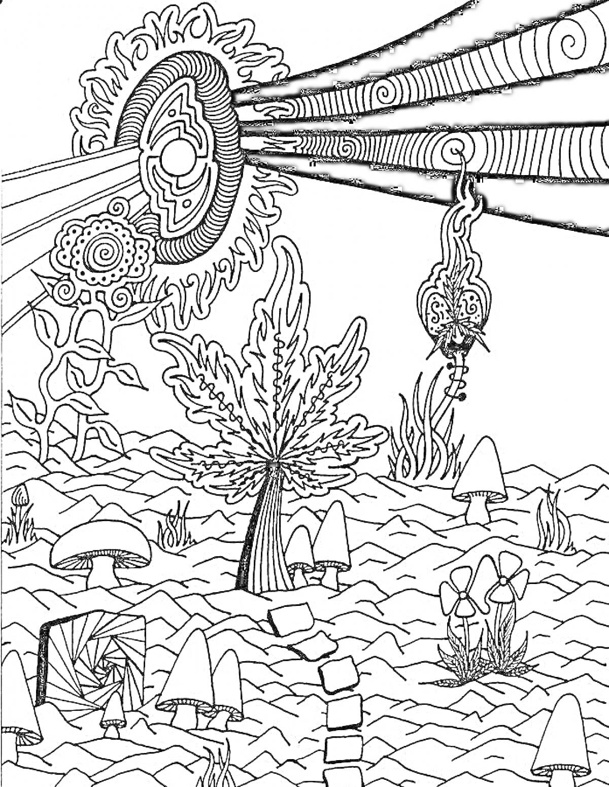 На раскраске изображено: Психоделика, Деревья, Грибы, Растения, Абстракция, Солнце, Фантазия, Узоры
