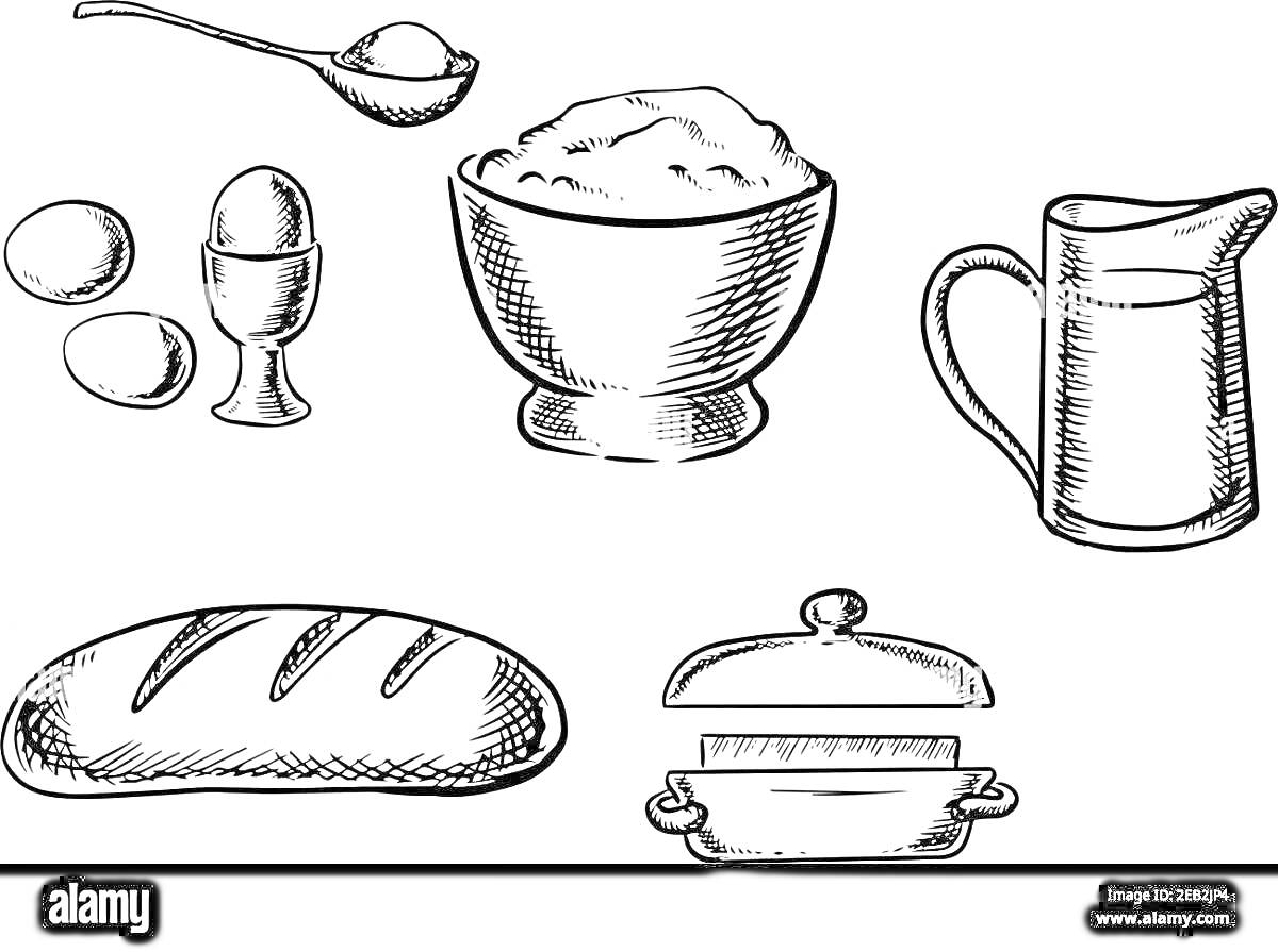 Раскраска Ложка с дрожжами, три яйца в подставке, миска с мукой, мерная кружка, хлеб, форма с крышкой для выпечки