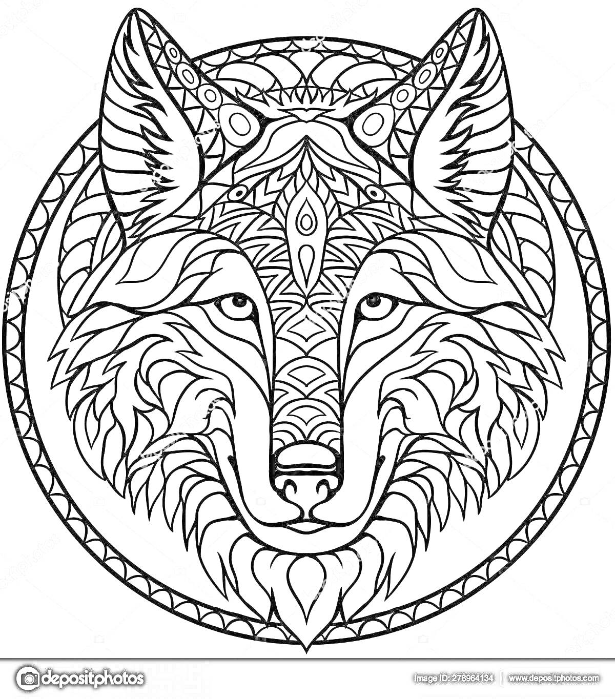 Раскраска Волк в декоративном круге с геометрическими узорами и орнаментами