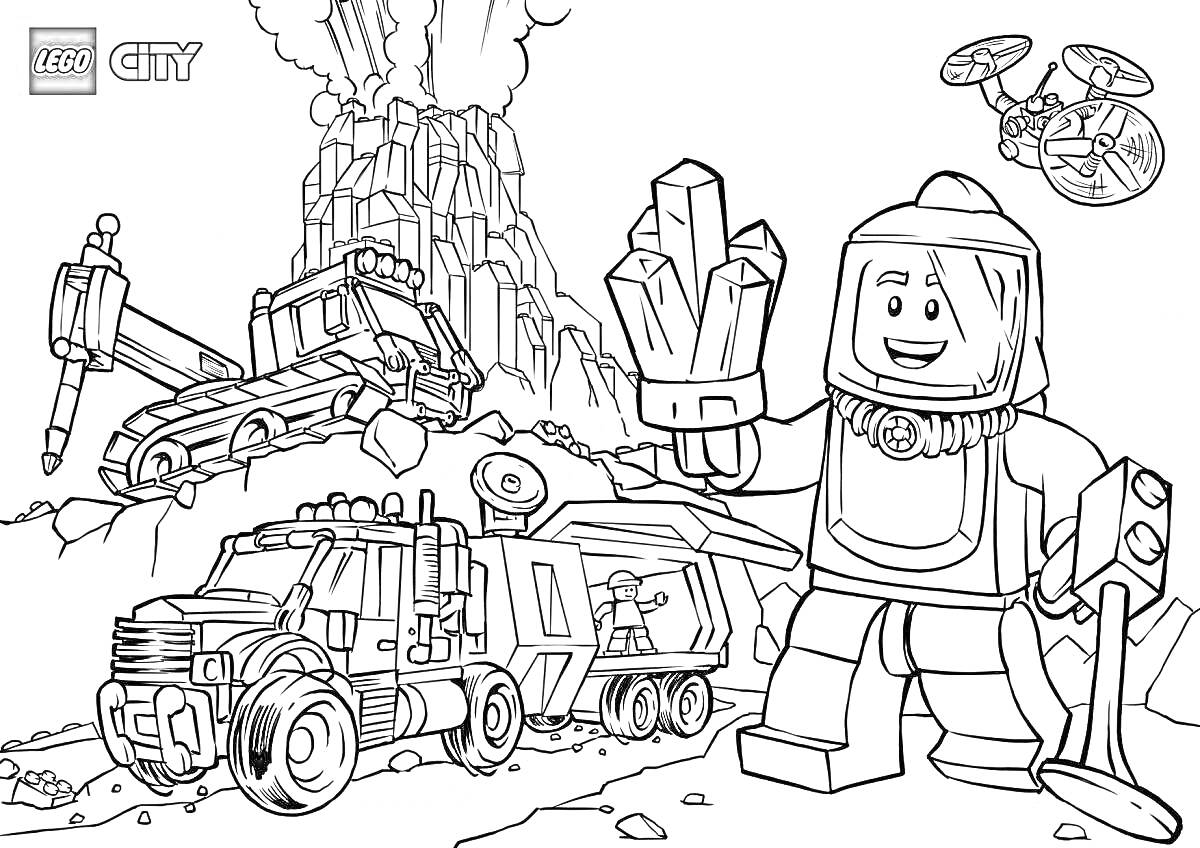 На раскраске изображено: Lego city, Буровая установка, Исследователь, Дрон, Вулкан, Кристаллы