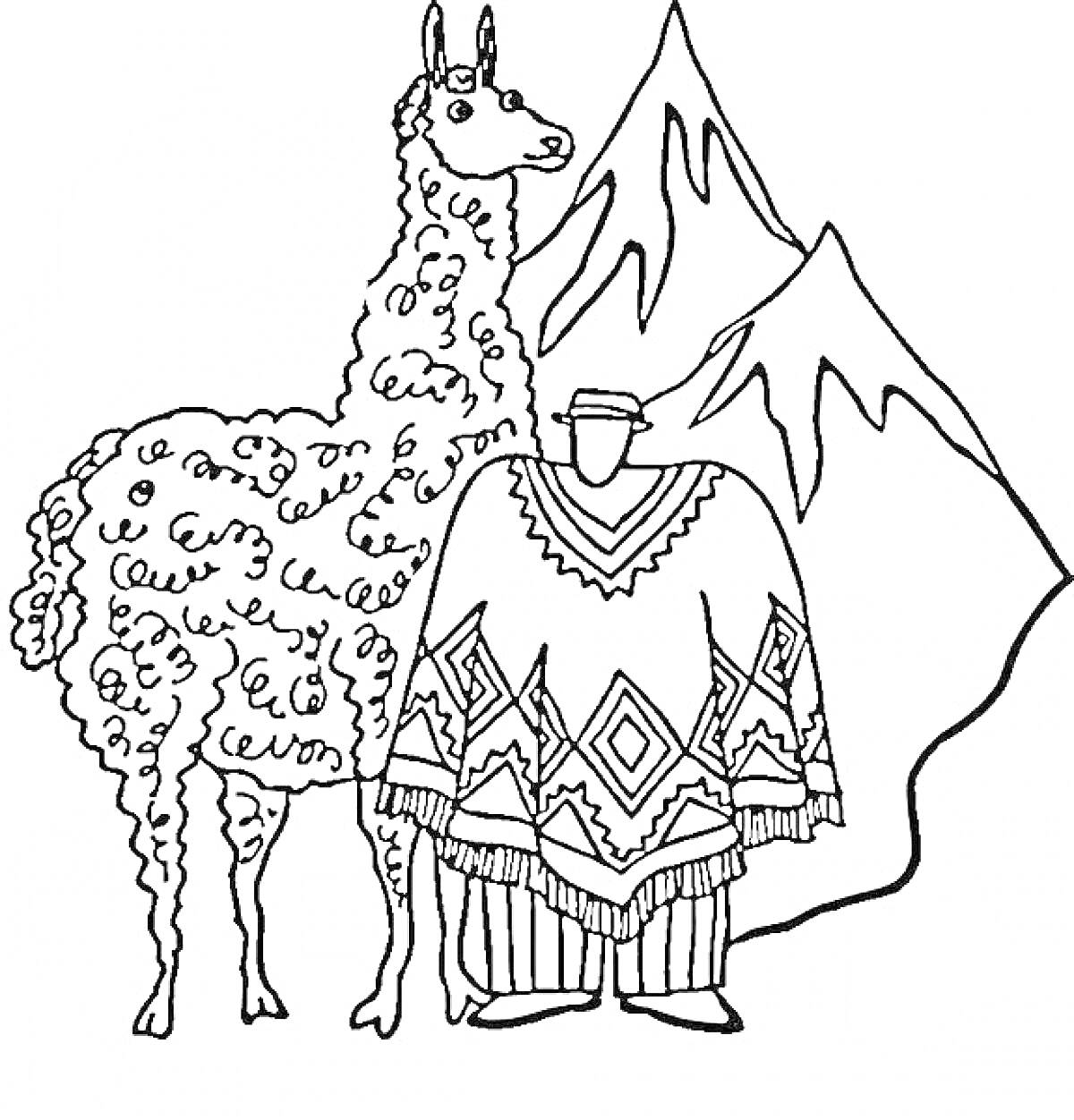 Раскраска Лама и человек в пончо на фоне гор