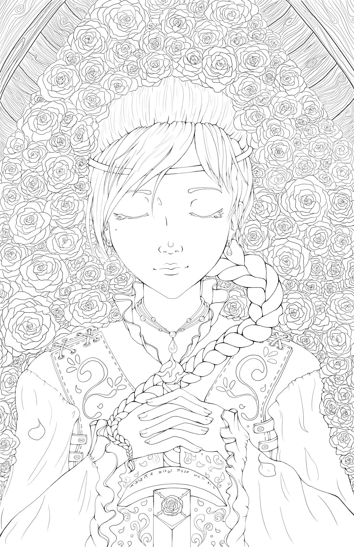 Раскраска Царевна Несмеяна с косой на фоне арки и роз.
