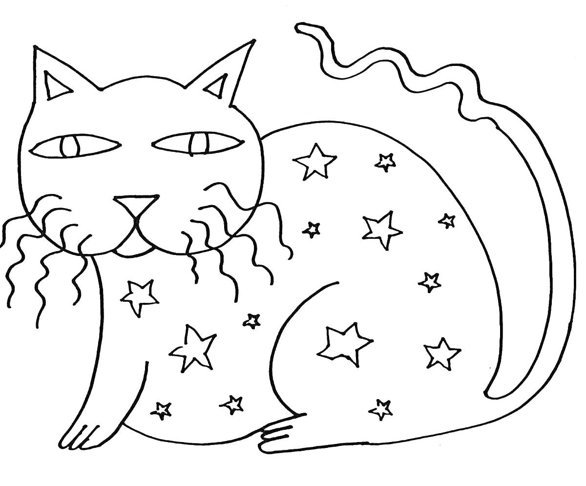 Раскраска Кот с завивающимися усами и звёздами на теле