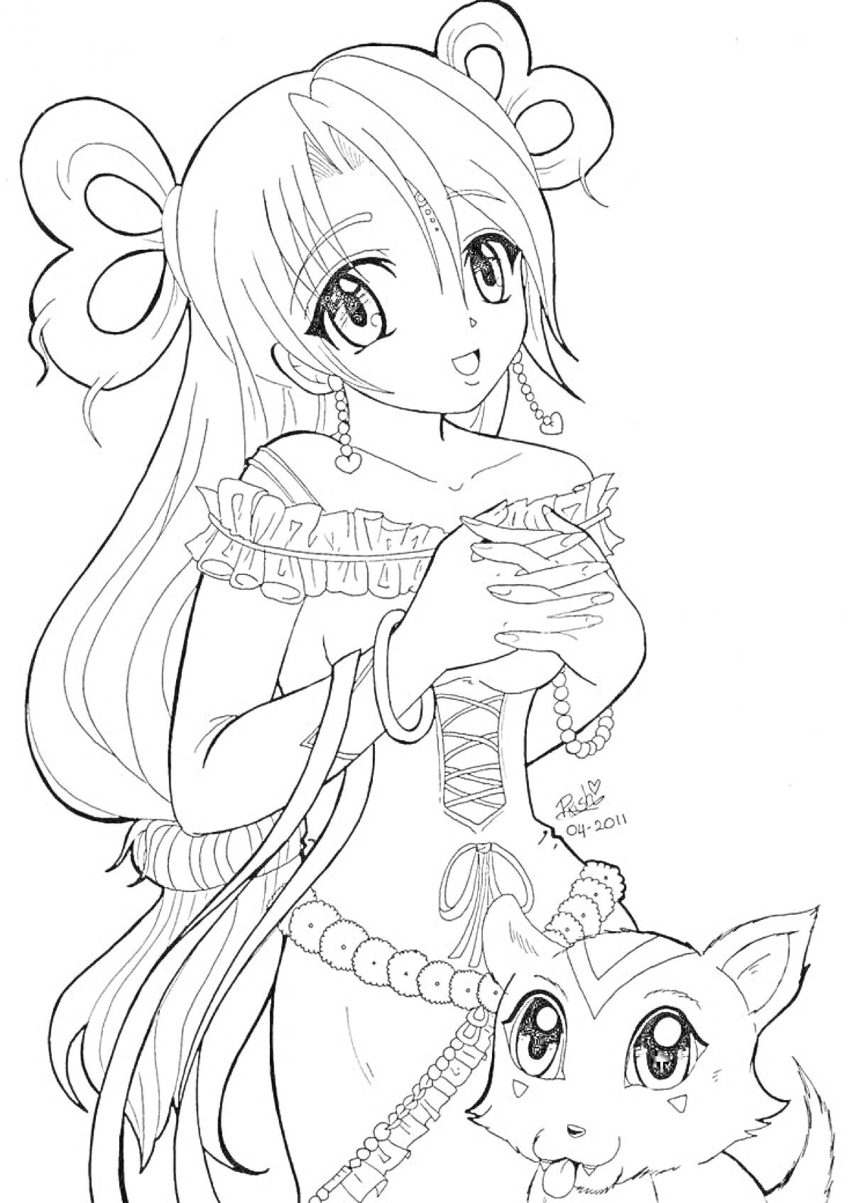 Раскраска Девочка с длинными волосами, сзади банты, платье с рюшами, ожерелье из бусин, стоящая рядом с милым животным