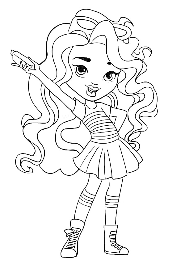 На раскраске изображено: Девочка, Длинные волосы, Волнистые волосы, Платье, Кеды, Поднятые руки