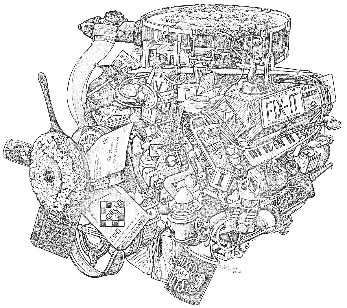 Раскраска двигатель с множеством деталей, клавиатура, буквы, трубы, инструмент для ремонта, музыкальные символы