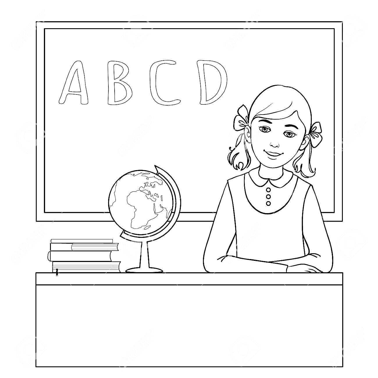 Раскраска Девочка за партой, глобус, книги, доска с буквами A, B, C, D