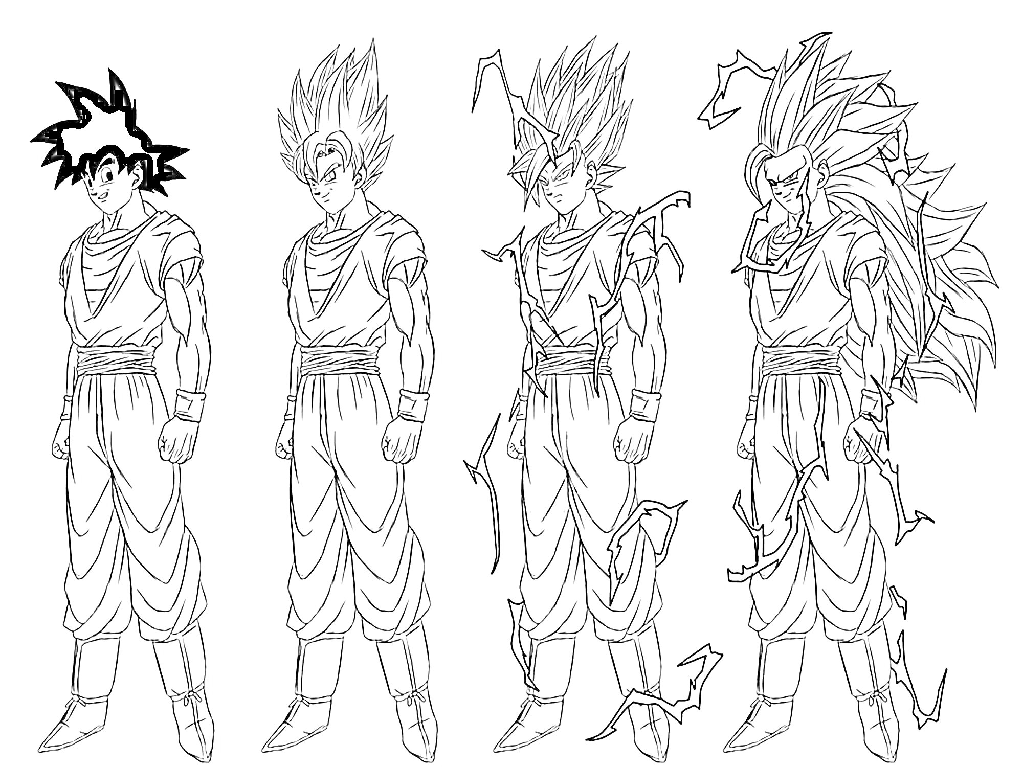 Раскраска Эволюция персонажа Сон Гоку в четырех формах: обычная форма, Супер Сайян, Супер Сайян 3, Супер Сайян 4