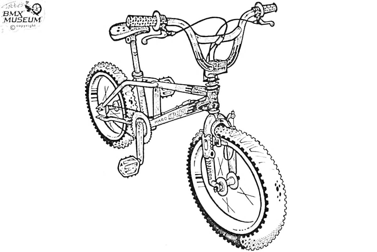 На раскраске изображено: BMX, Велосипед, Педали, Цепь, Колёса, Руль