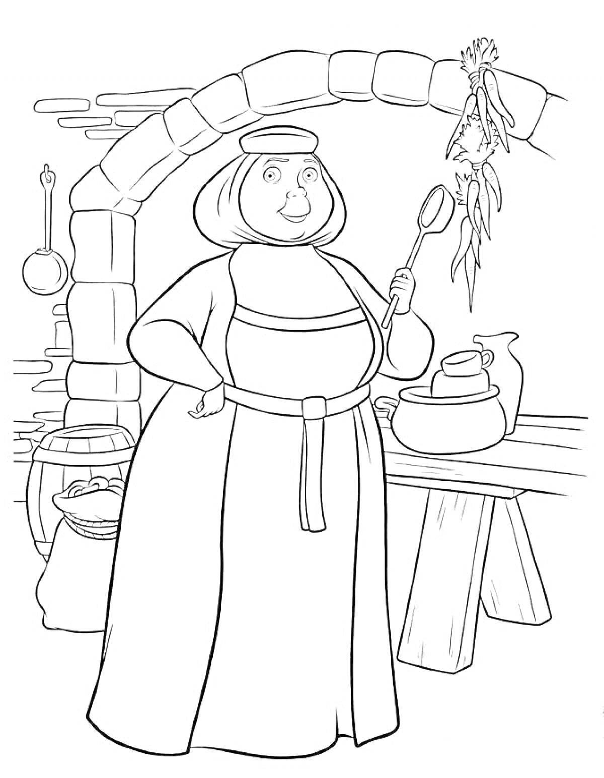 Раскраска Женщина на кухне у печи с поварешкой, окружающие предметы: горшок, мешок, стол, корзина с продуктами, связка трав, сковорода