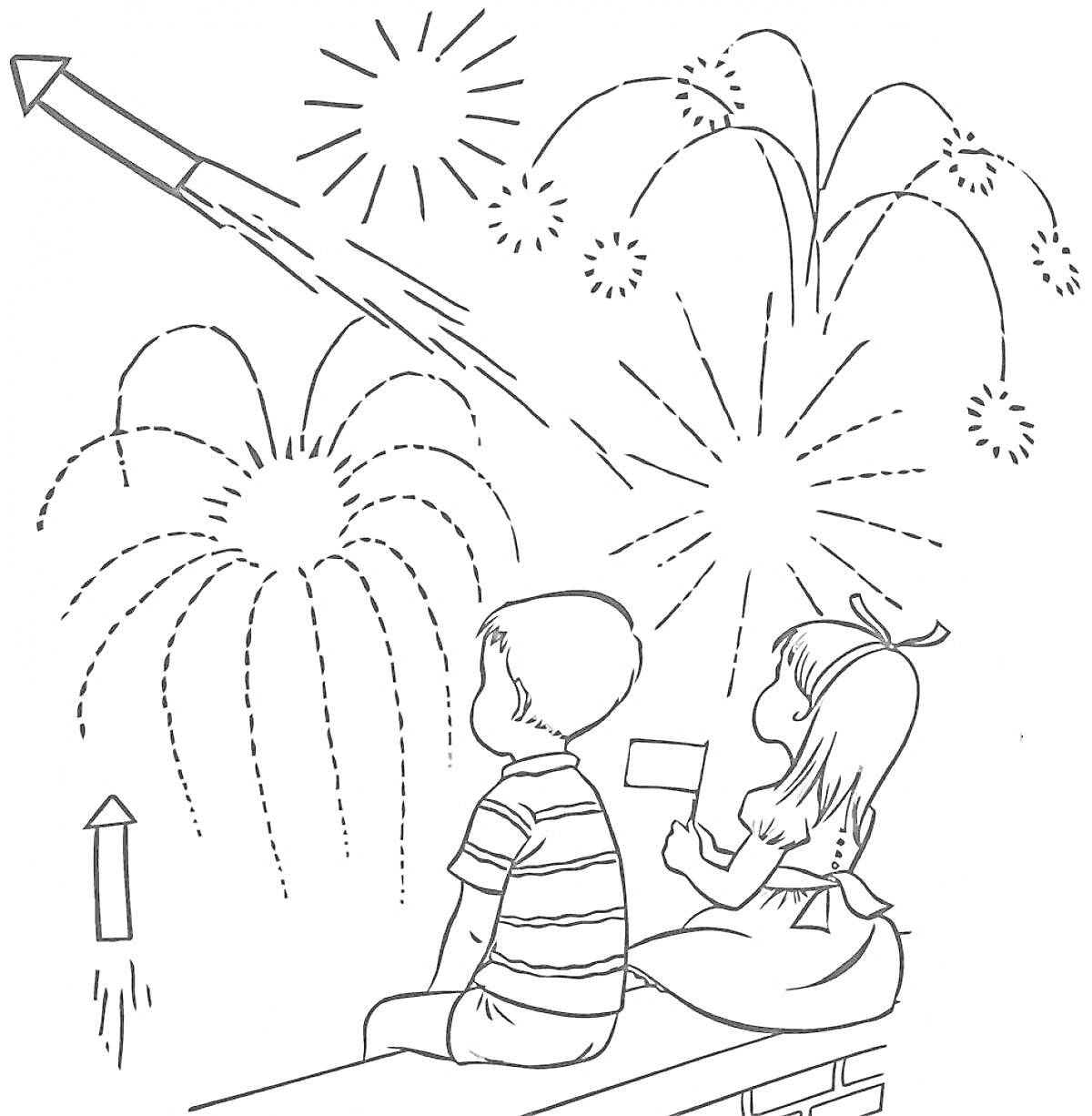 Раскраска Дети смотрят на фейерверк с ракетами