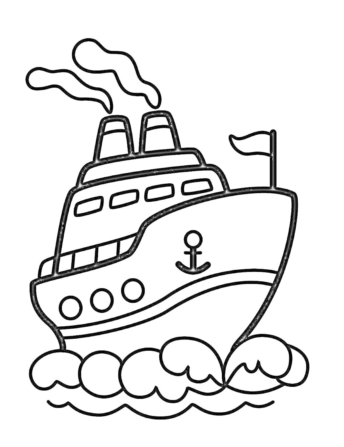 На раскраске изображено: Пароход, Флаг, Волны, Корабль, Море, Транспорт, Труба, Якоря