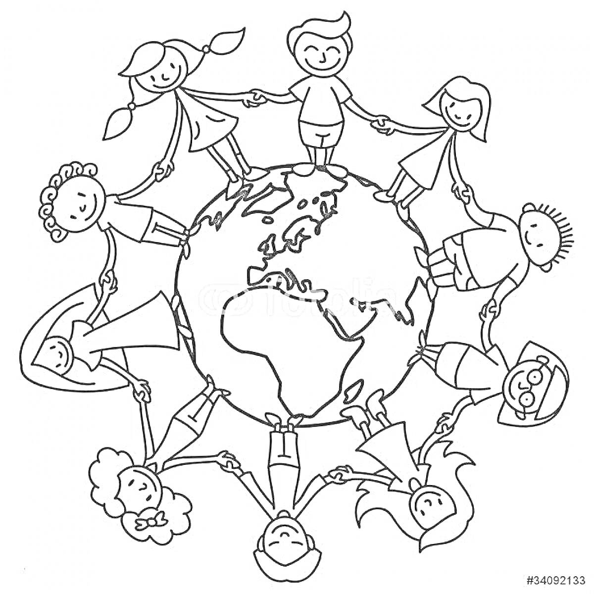 На раскраске изображено: Земной шар, Планета Земля, Дружба, Единство, Мир, Иллюстрация