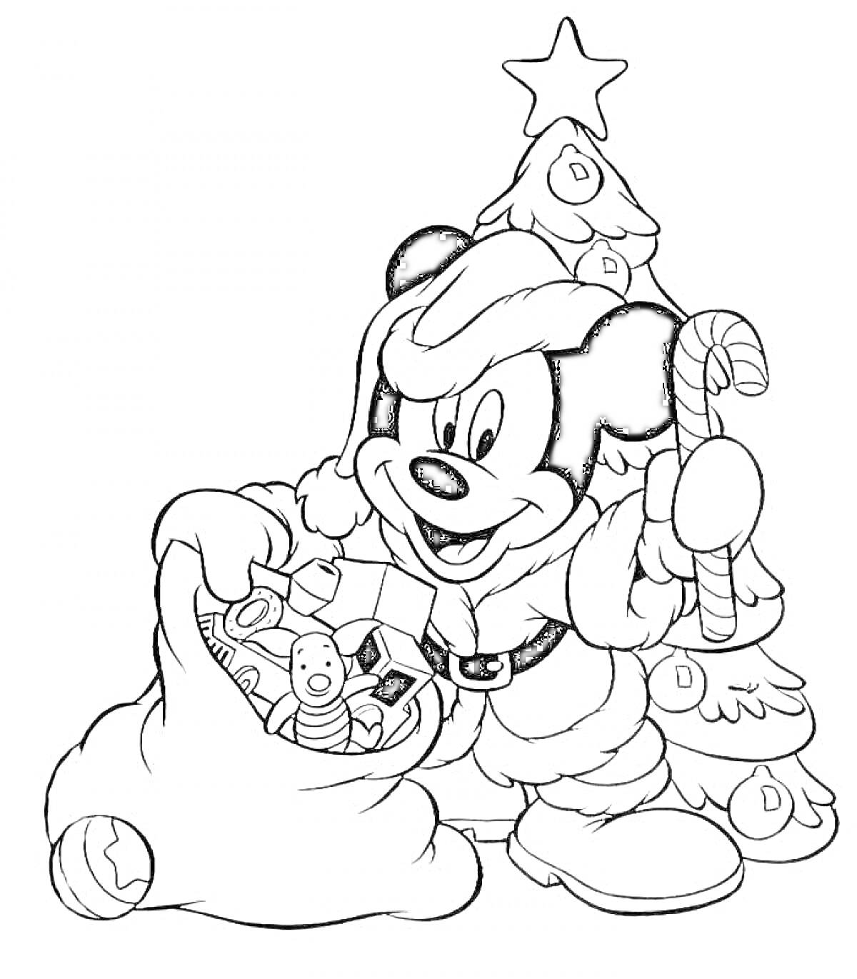 Раскраска Микки Маус новогодний с подарками, елкой и посохом