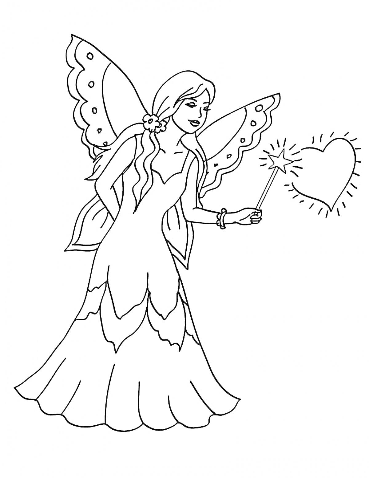 На раскраске изображено: Крылья, Платье, Волшебник, Волшебные палочки, Сердца, Цветы в волосах