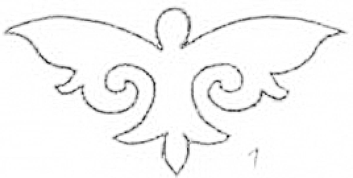 Раскраска Ою өрнек в форме двух противоположных спиралей с центральным элементом, напоминающим человеческую фигуру, и двумя симметричными крыльями