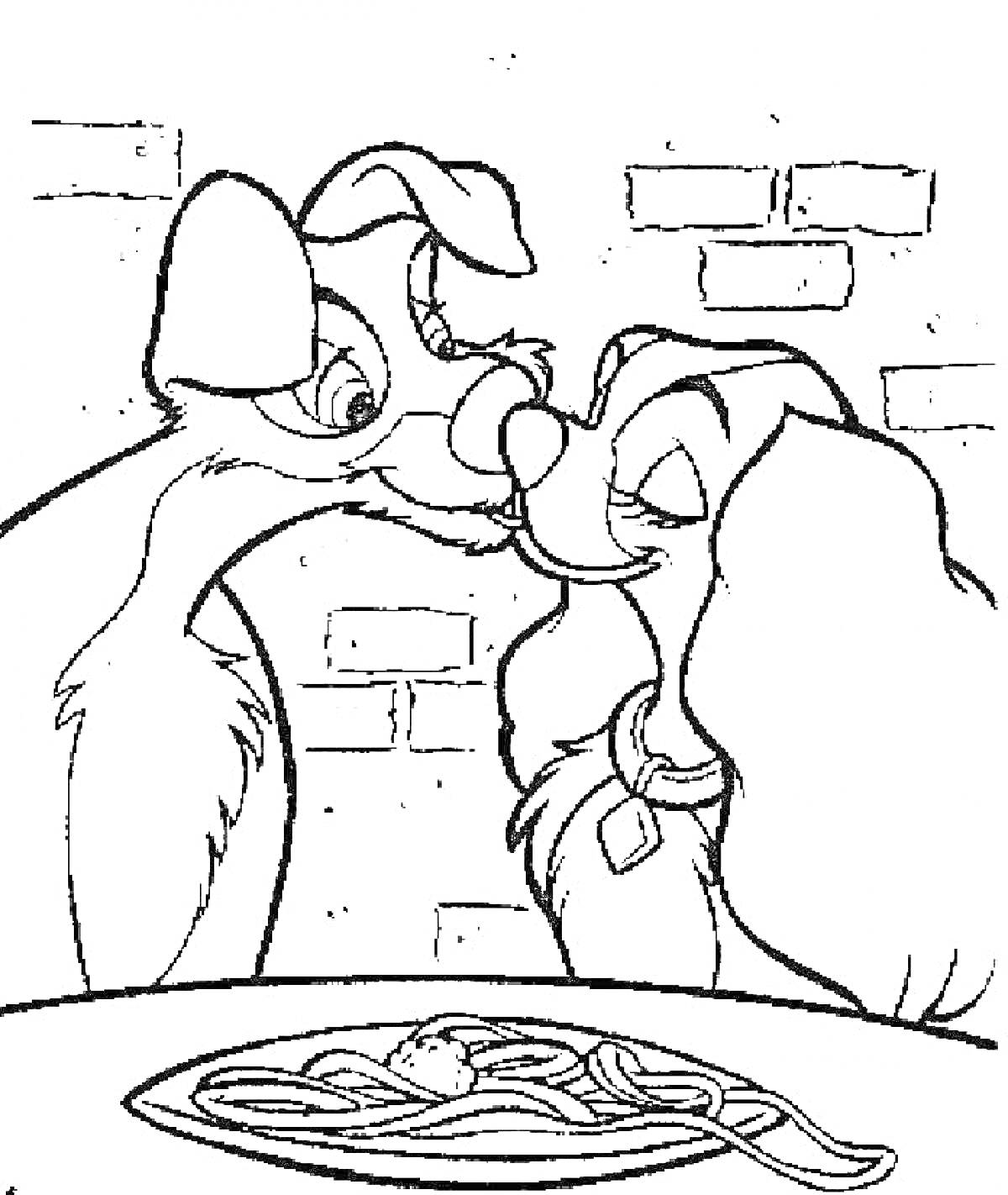 Раскраска Леди и Бродяга поедают спагетти перед кирпичной стеной