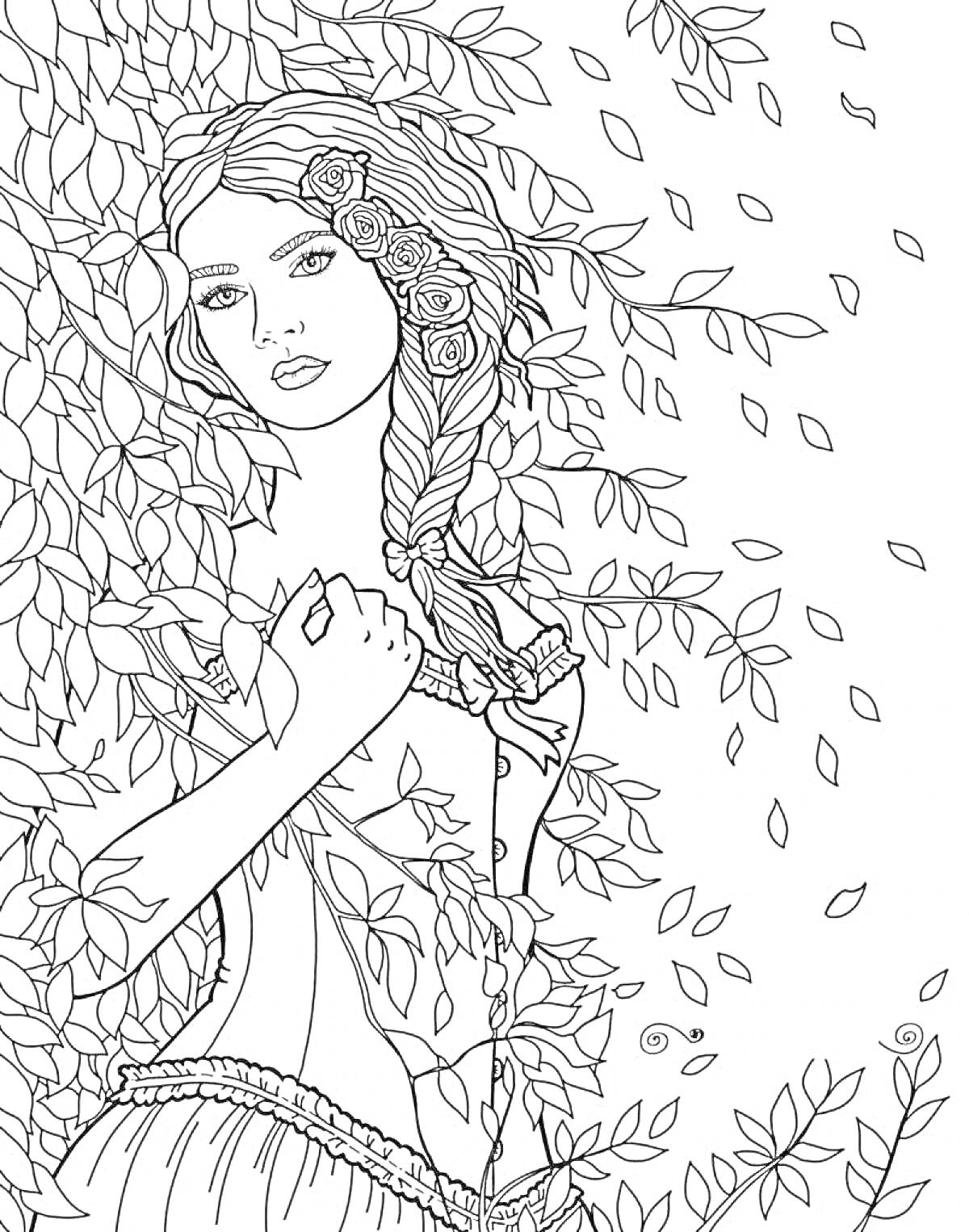 Раскраска Девушка с косой и цветами среди осенних листьев