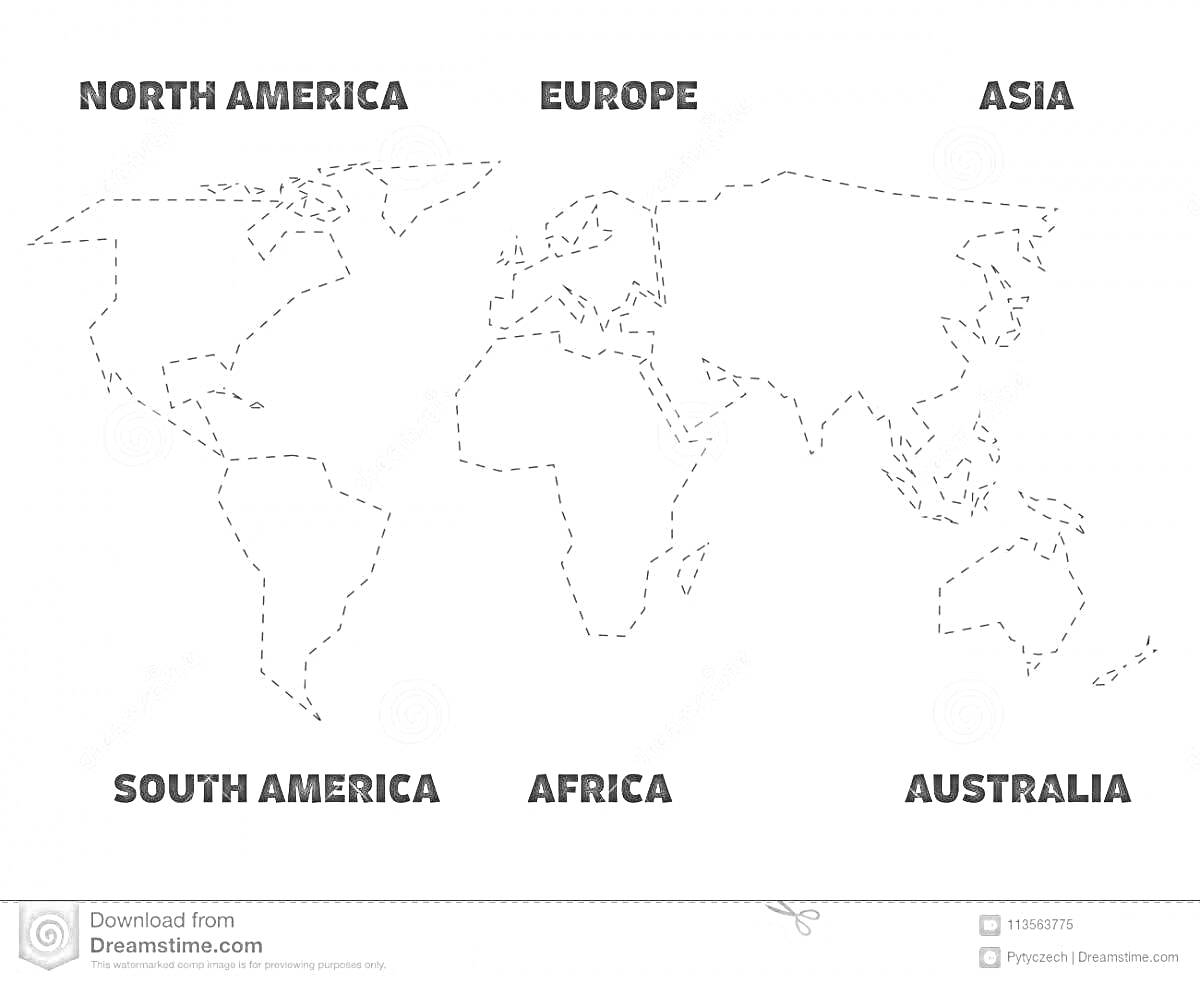 Раскраска карта мира с контурами континентов и подписями North America, Europe, Asia, South America, Africa, Australia