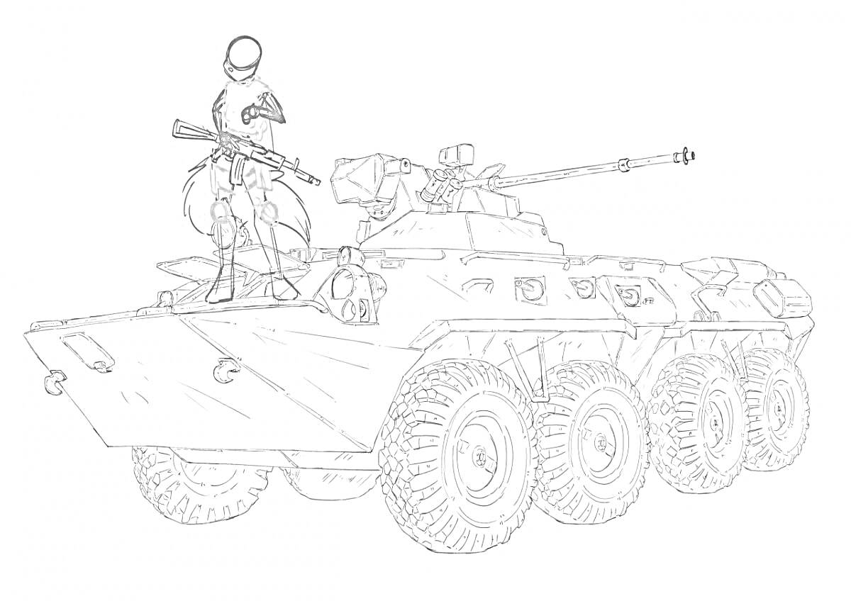На раскраске изображено: БТР-80, Бронетранспортер, Военная техника, Оружие, Броня, Колесный транспорт, Боевое транспортное средство