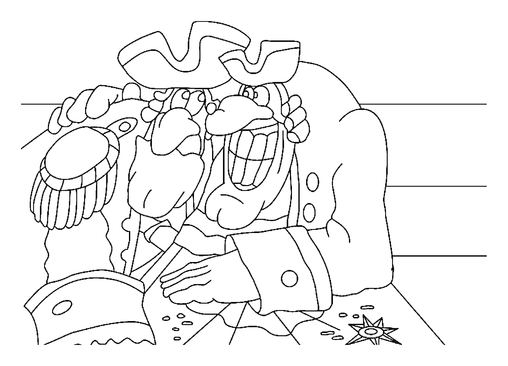 Раскраска Два доктора Ливси с ручкой на плече друг у друга, в треугольных шляпах и мундире, на столе монеты и звезда