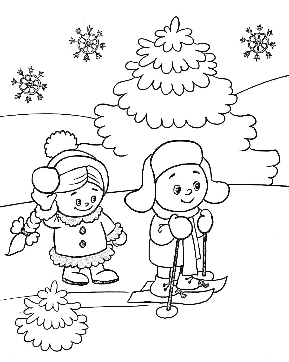 Раскраска дети на лыжах возле елки зимой, девушка в шапке с помпоном и мальчик с ушанкой, снег в виде снежинок, куст под снегом
