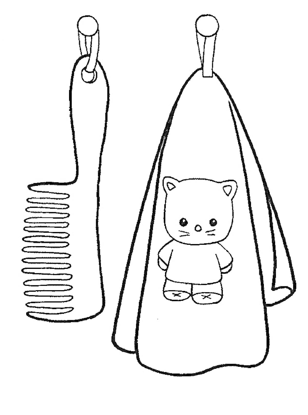 Раскраска Рисунок с полотенцем с медвежонком и расческой на крючках