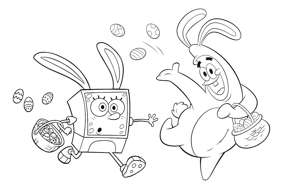 Раскраска Спанч Боб и Патрик в костюмах кроликов с пасхальными яйцами