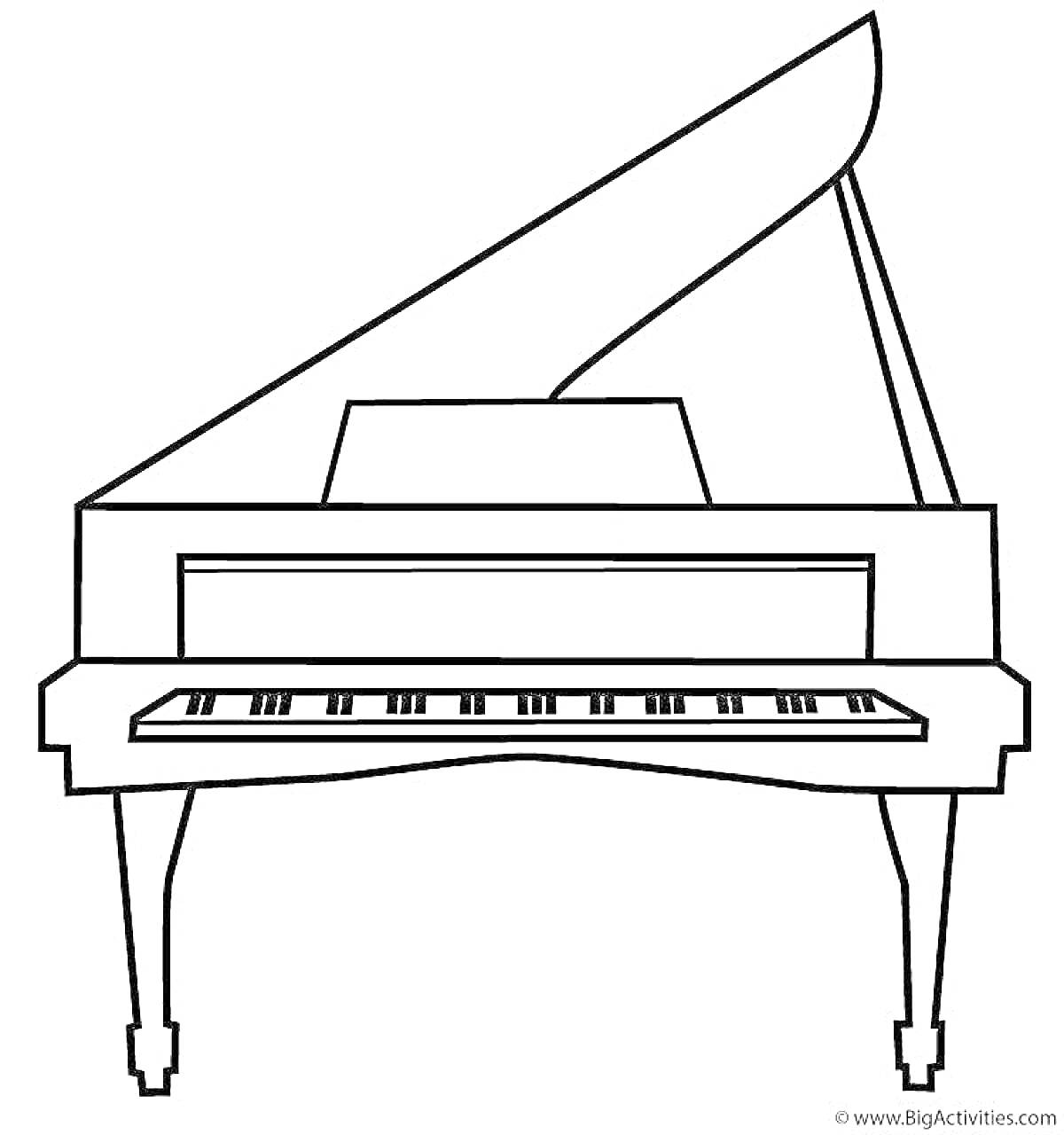 На раскраске изображено: Рояль, Пианино, Клавиши, Крышка, Струны, Ножки, Музыкальные инструменты