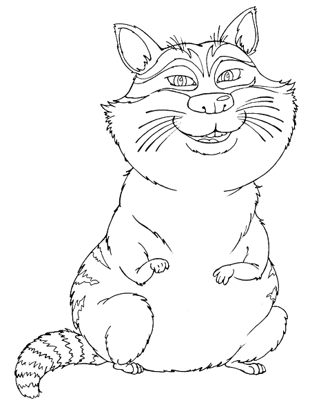 Толстая кошка с полосатым хвостом, с ушами и усами, сидящая