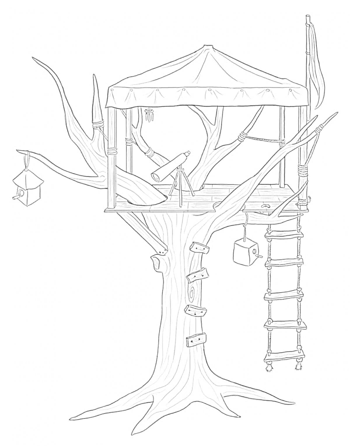 На раскраске изображено: Дом на дереве, Навес, Кормушка для птиц, Шины
