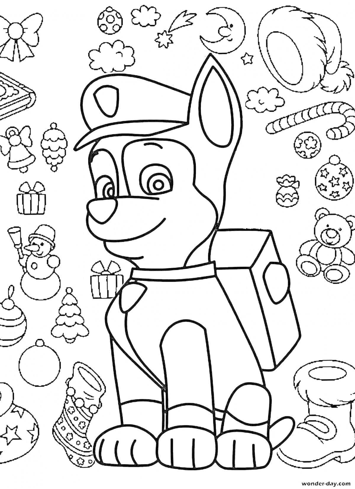 Раскраска Щенячий патруль - Новогодний щенок с новогодними украшениями, подарками, елками и другими праздничными элементами