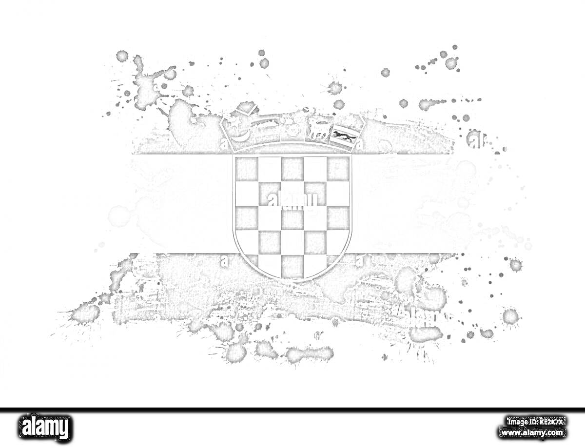 Флаг Хорватии с гербом на фоне черно-белых брызг краски