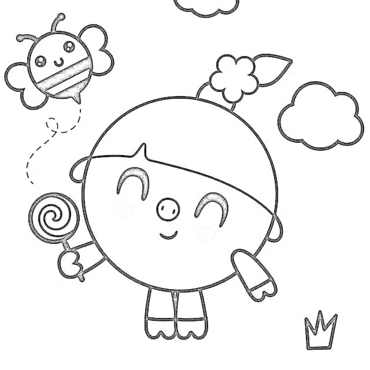 Раскраска Малышарик с колокольчиком и пчелой на фоне облаков
