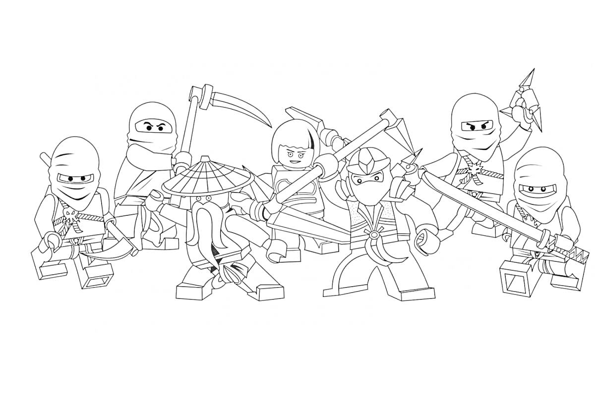 Раскраска Группа лего-ниндзя с оружием