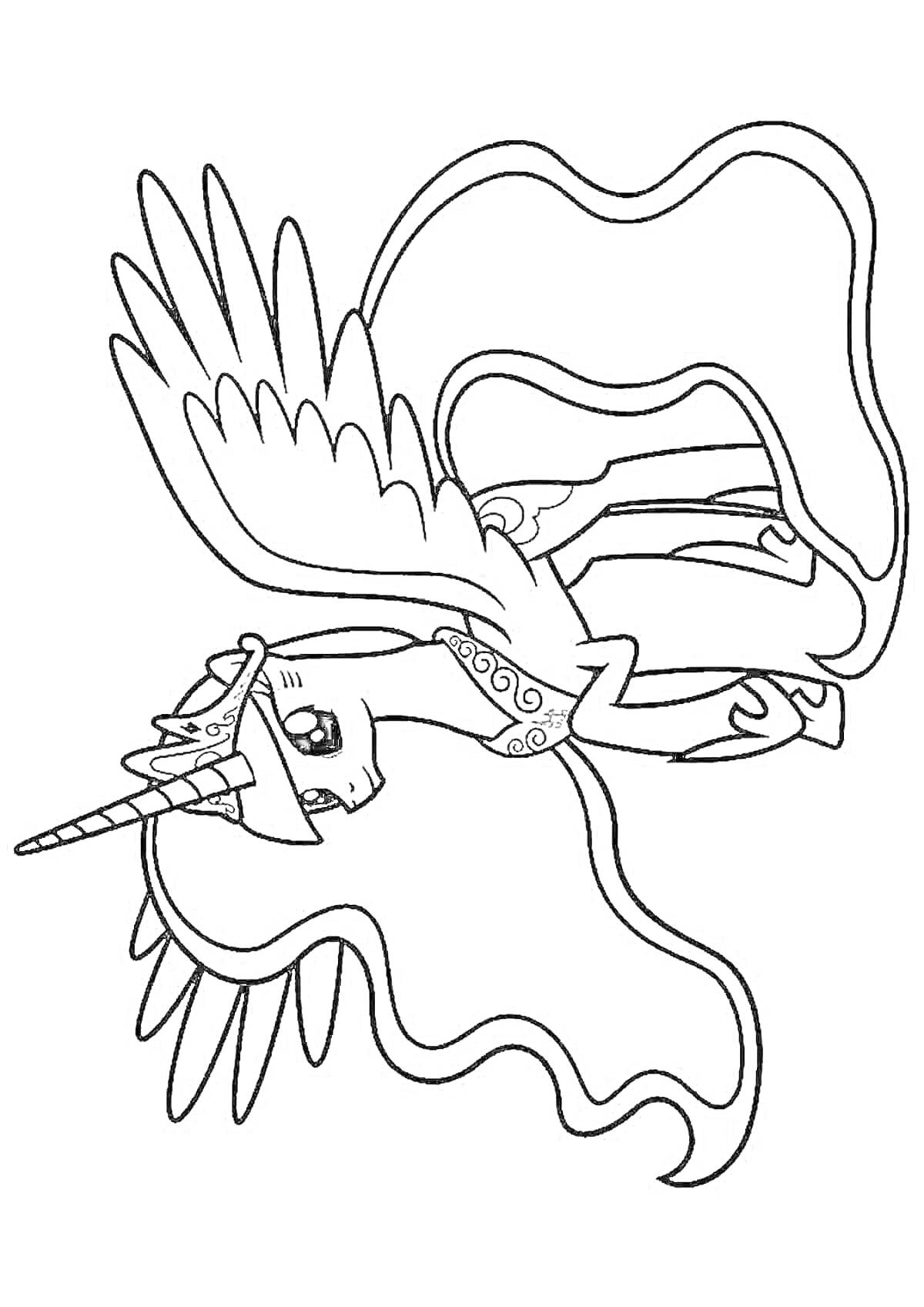 На раскраске изображено: Пони, Принцесса Селестия, Крылья, Корона, Длинная грива