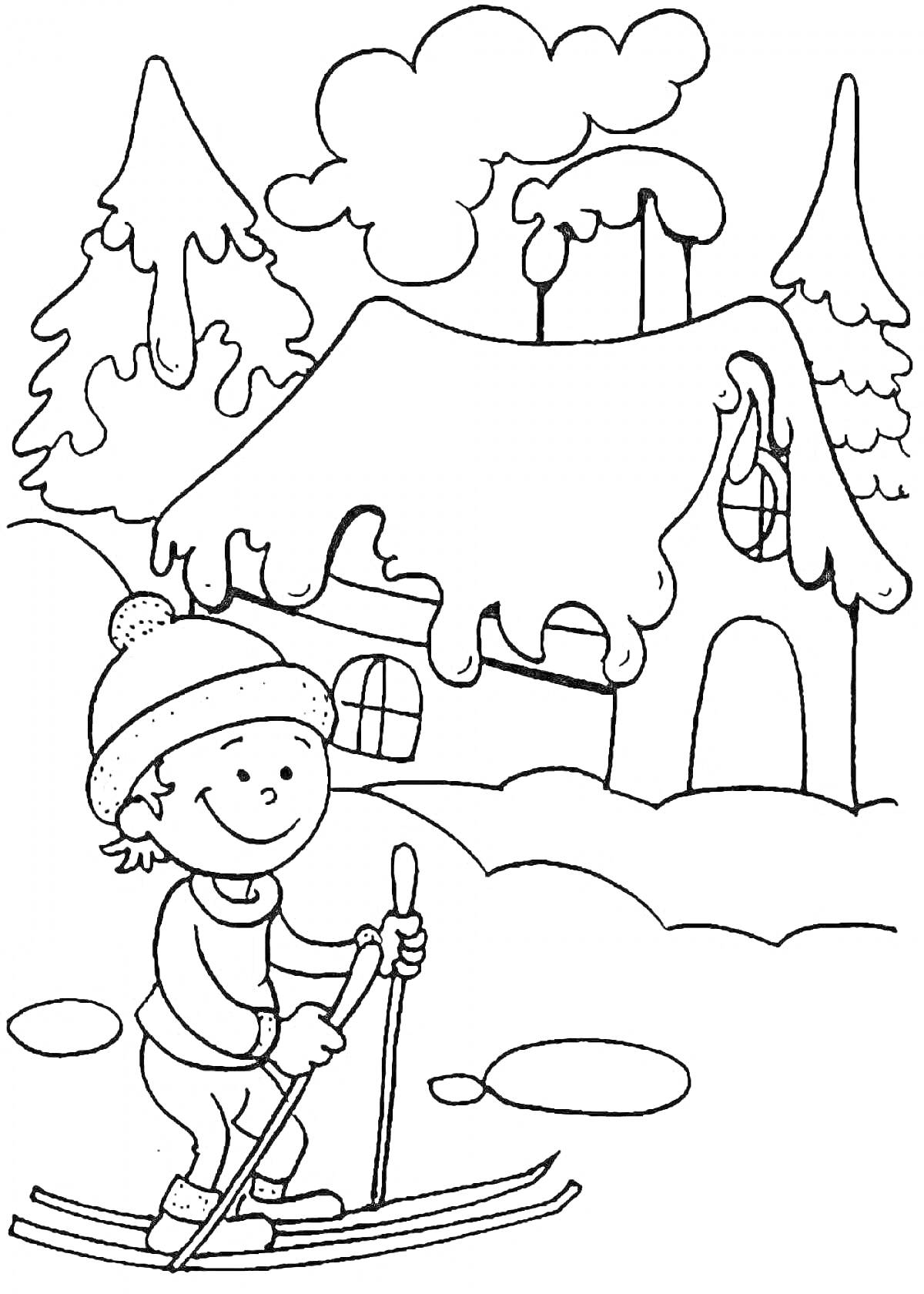 Раскраска Ребёнок на лыжах перед домом зимой. На картинке изображены ребёнок на лыжах, дом с окнами и трубами, снег на земле и деревья, покрытые снегом.