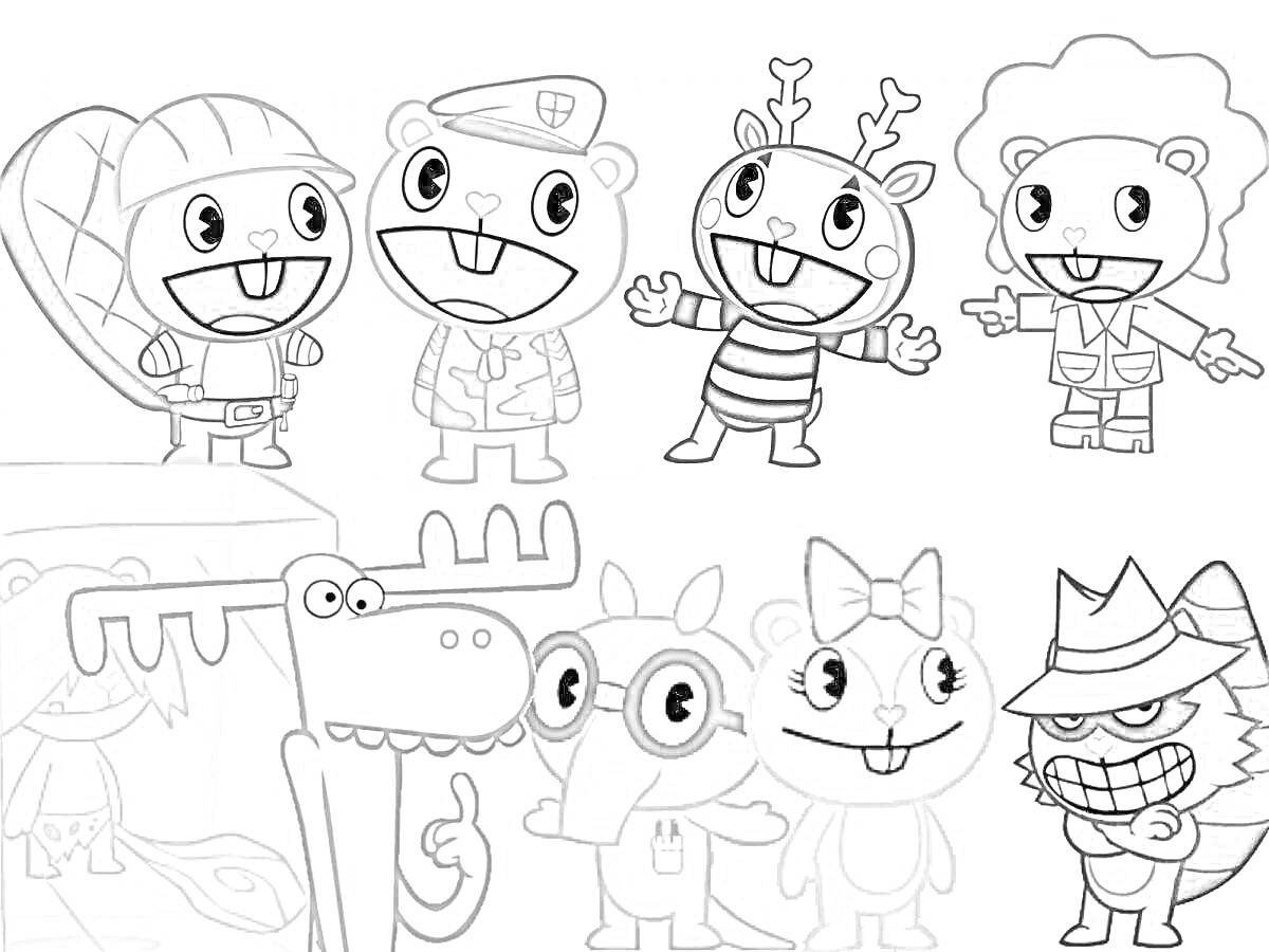 Раскраска Happy Tree Friends - персонажи с разными атрибутами, включая мотоциклетный шлем, военную куртку, рожки оленя, афро-прическу, и шляпу детектива
