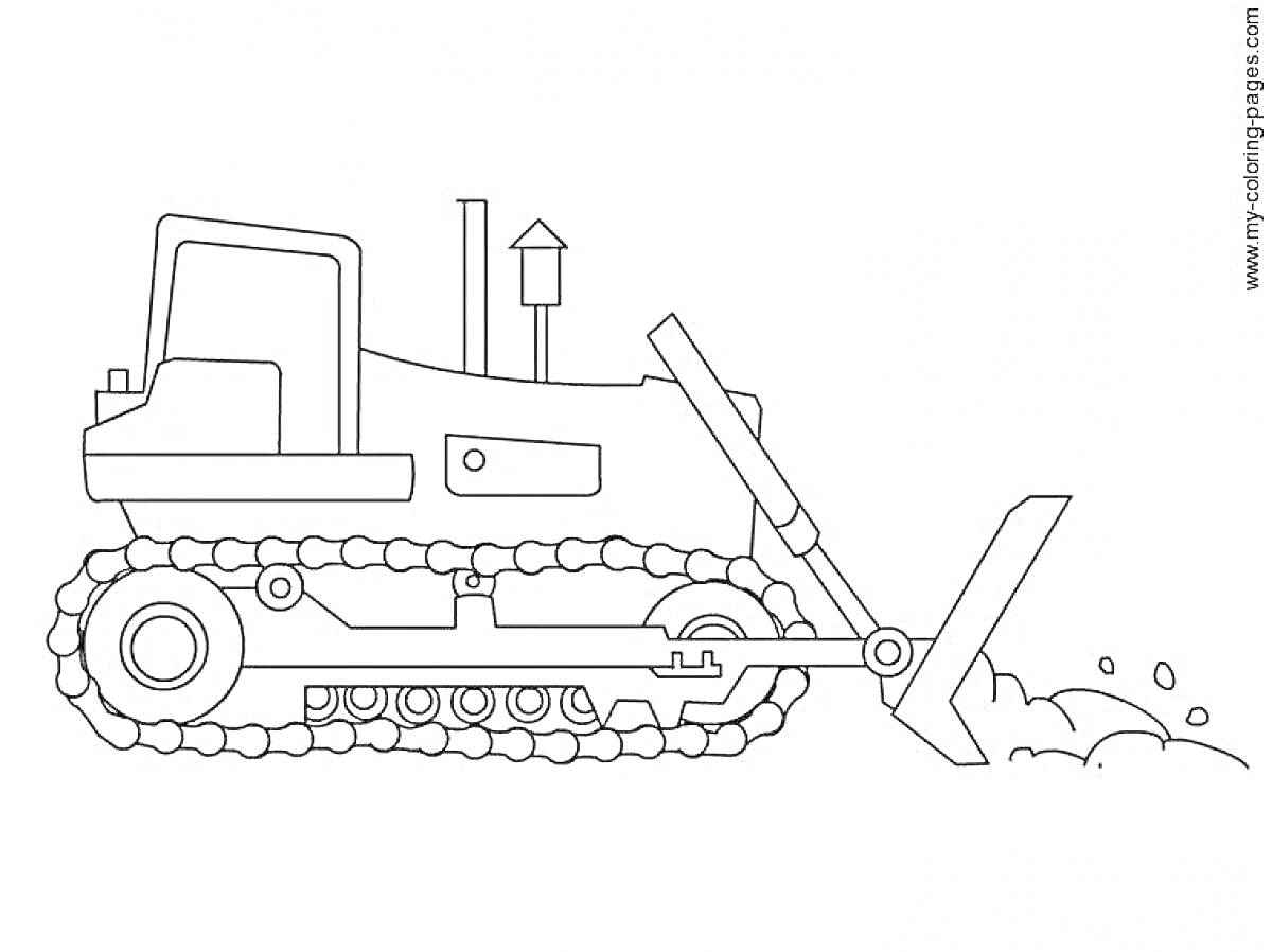 Раскраска Раскраска с бульдозером, гусеницы, передний ковш, извлекающий грунт