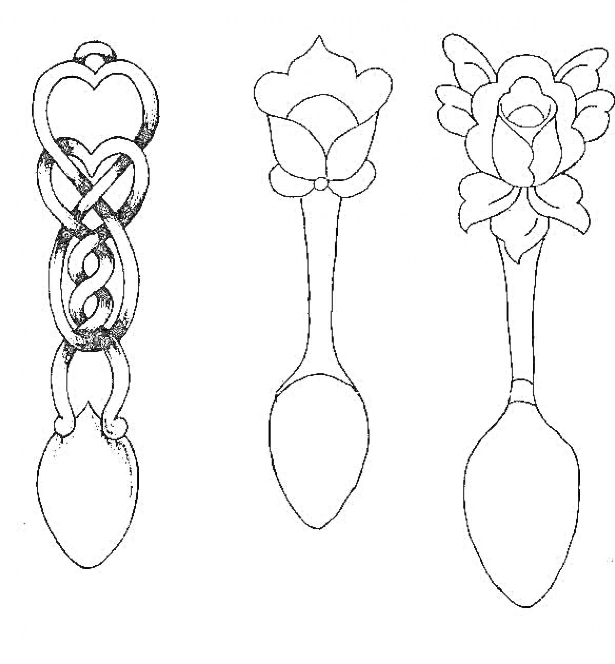 Раскраска деревянные ложки с цветочными и сердечными узорами