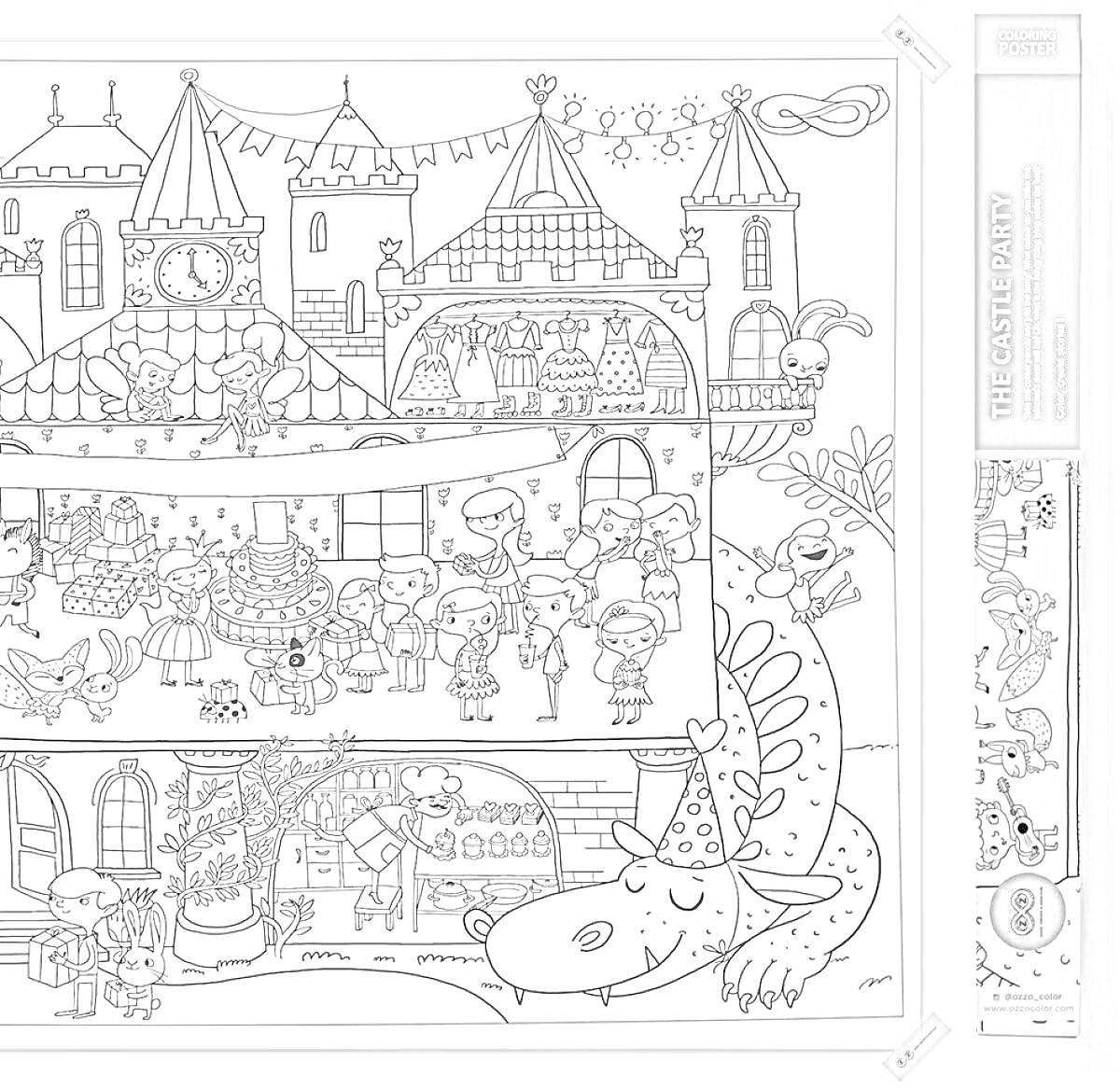 На раскраске изображено: Замок, Башни, Сказочные существа, Деревья, Вечеринка